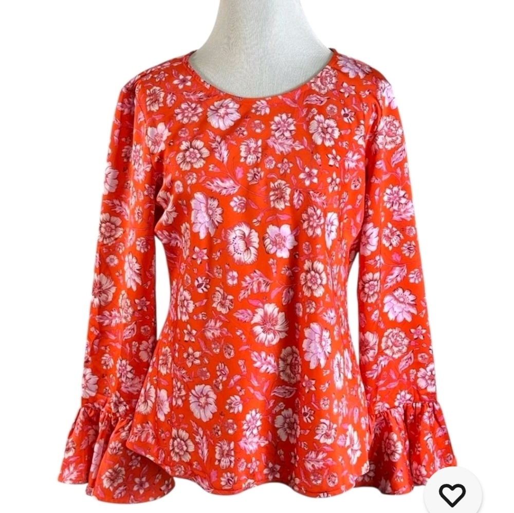 J. Crew Winter Garden Red Poppy Fields Long Bell Sleeve Popover Blouse Sz XL